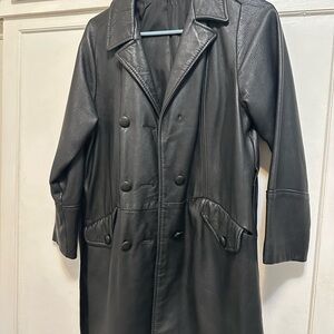 Women's Classic Black Leather Double-Breasted Coat